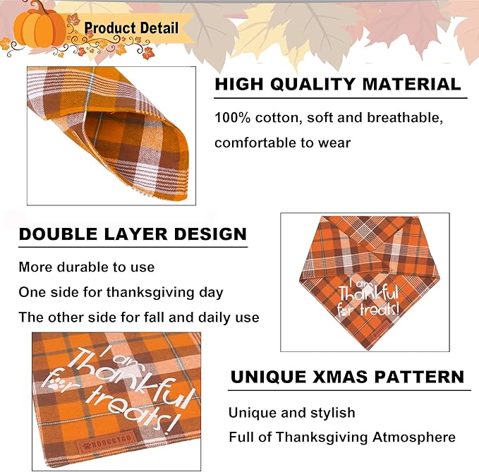 ADOGGYGO Thanksgiving Dog Bandanas, Orange Plaid Pet Scarf, Premium Cotton Fabric, Multiple Sizes Offered, Fall Thanksgiving Bandanas for Large X-Large Dogs Pets (X-Large)