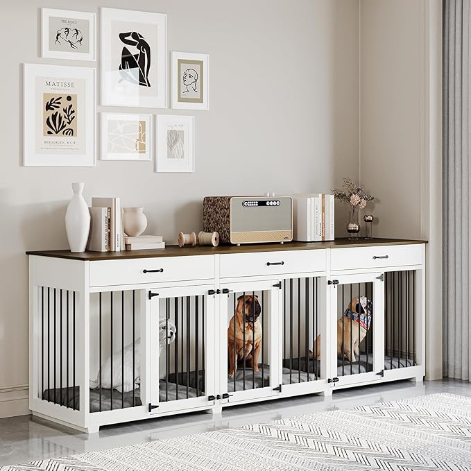Dog Crate Furniture - Indoor Wooden Dog Kennel Crate Furniture with 2 Dividers, 3 Drawers, and 3 Lockable Doors - 95"x23.6"x31.5"H, White