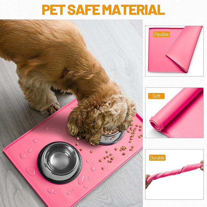 Hubulk Dog Feeding Mat,100% Waterproof Food Grade Silicone Pet Food and Water Bowl Placemat,Dishwasher, High Raised Edge to Prevent Spills,Nonslip Tray to Stop Messes on Floor (24"x16"x0.5", Pink)