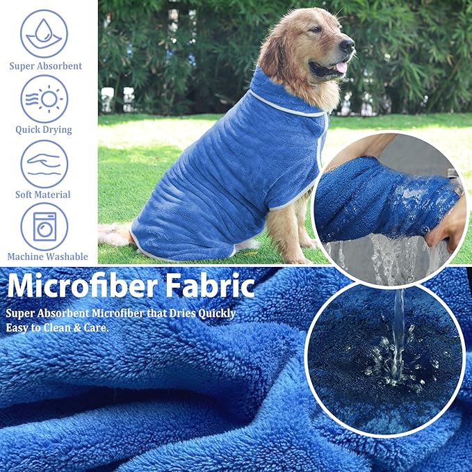 Dog Bathrobe Towel Dog Drying Coat - Super Absorbent Towels Bath Robe for Dogs Large, Soft Adjustable Collar & Belly Strap Fast Drying Coat Pet Cat Bath Robe (Medium Blue‌, Medium)