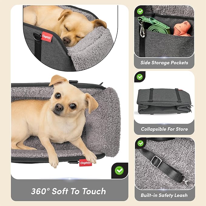 BurgeonNest Center Console Small Dog Car Seat - Portable Pet Cat Puppy Booster Armrest Carseat Up to 11lbs, Anti-Collapse Comfort Car Travel with Washable Fluffy Cushion and Pillow, Grey