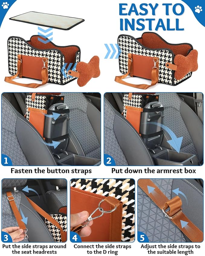 Center Console Dog Car Seat, Pet Car Seat, Armrest Middle Console Booster Travel Carrier for Small Dogs and Cats(Brown)