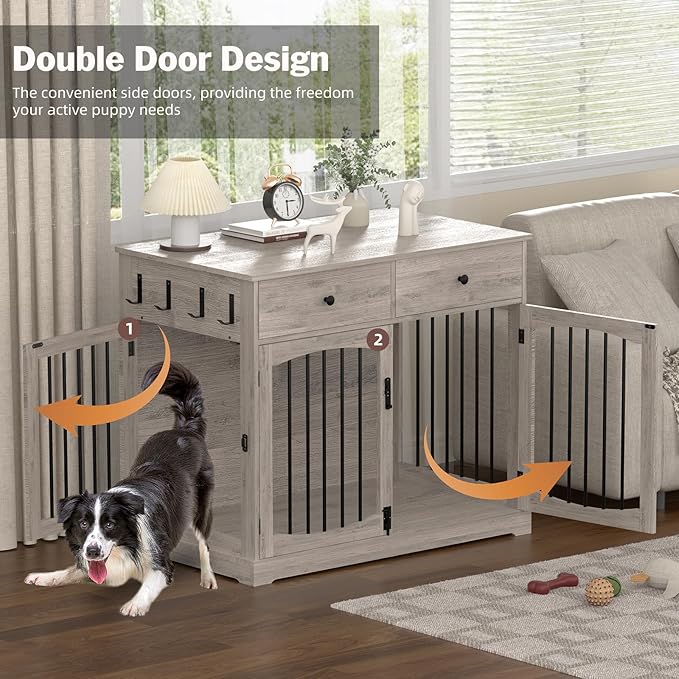 40'' Wooden Dog Crate Furniture–Farmhouse Dog Kenel-Multi Purpose Pet House with Double Doors, 2 Drawers, for Small, Medium & Large Dogs–Rustic Grey Finish