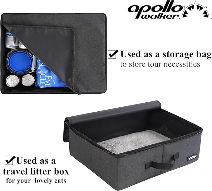 apollo walker Portable Cat Travel Litter Box with Zipped Waterproof Bag,Collapsible Litter Carrier for Cat with Zipped Lid and Handle, No Leakage, No Smell, Easy to Carry and Use in Hotels, Car Black