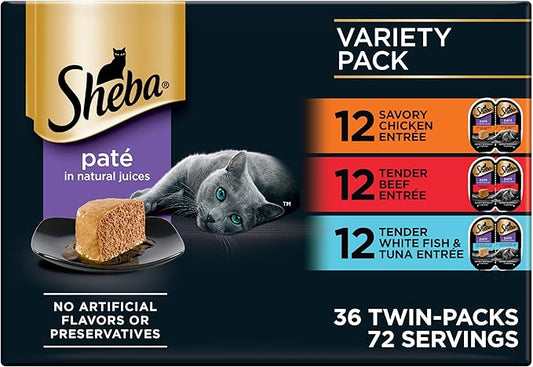 Sheba Perfect Portions Wet Cat Food Pate Savory Chicken, Tender Beef, and Tender White Fish & Tuna Variety Pack, 2.6 oz. Twin-Pack Trays (48 Count, 96 Servings)