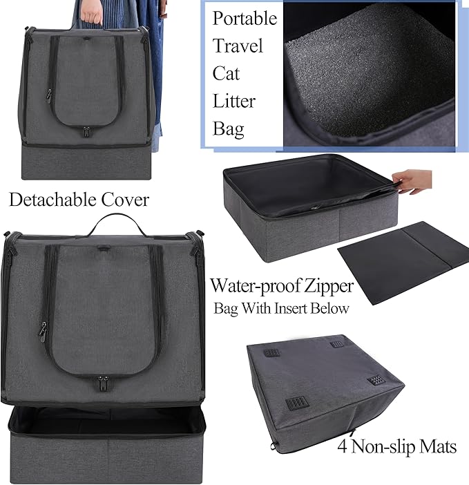 apollo walker Portable Cat Travel Litter Box with Zipped Waterproof Bag,No Collapse with Hard Base Insert at Bottom, No Leakage, No Smell, Easy to Carry, Easy to Use in Hotels, Car Black