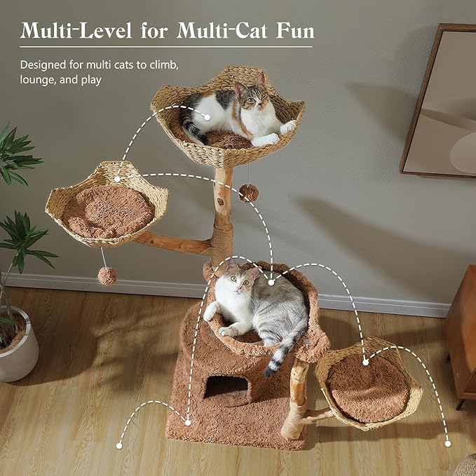 59" Cat Tree Tower with Real Solid Wood Natural Branch, Modern Cat Tree for Large Cats w/3 Handwoven Wicker Baskets- Luxury Boho Cat Furniture w/Condo & Soft Hammock, Scratching Post, Brown