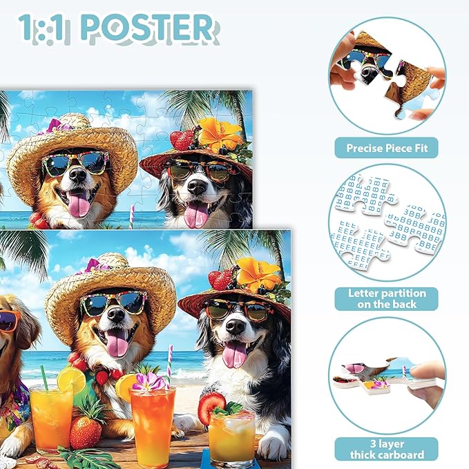 100 Piece Puzzles for Kids Ages 6-8, Dogs Summer Sips Jigsaw Puzzle, Educational Puzzle for Kids & Adults, 100 Piece Puzzles for Adults Large Piece for Seniors 15x11 in