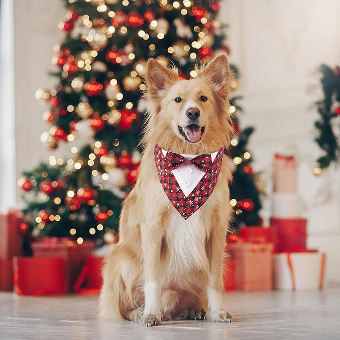 ADOGGYGO Christmas Dog Tuxedo Bandana, Red Plaid Pet Chritstmas Tux with Bowtie Adjustable Christmas Formal Costume for Medium Large Dogs Pets (L)