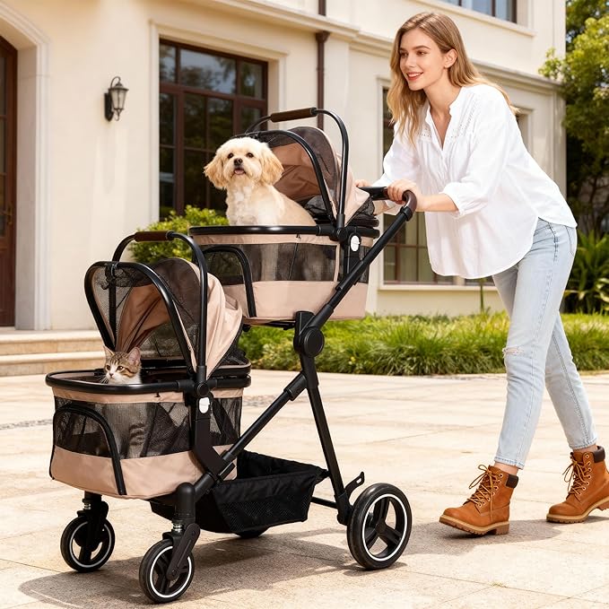 Foldable Double Pet Stroller for 2 Small Medium Cats Dogs, Lightweight Single and Double Integrated Pet Stroller with Detachable Carriers