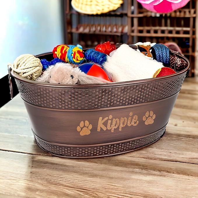 Personalized Metal Dog Toy Bin - Copper Galvanized Storage Bin with Handles, Basket for Pet Toys, Dog Toy Box, Pet Storage - Custom Dog Name Gift