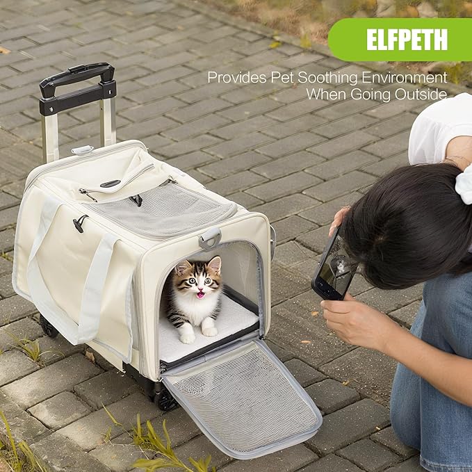 Pet Carrier with Wheels - Soft-Side Wheeled Cat Carrier for Dogs with Telescopic Handle, Collapsible Rolling Pet Travel Bag Carrier for Large Cats Small Medium Dogs for Camping Vet Visiting Beige