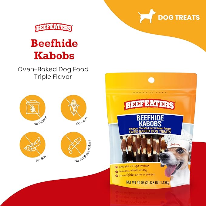 Beefeaters Beefhide Kabobs – Dog Treat. Triple Flavor with Real Chicken, Liver & Sweet Potato, Long-Lasting Chew, Supports Dental Health, Ideal for Training
