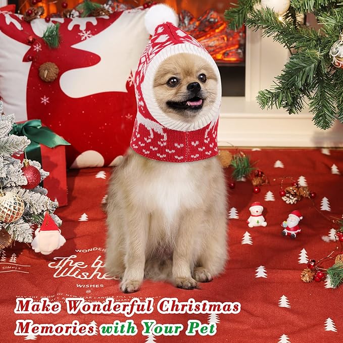 Pawaboo Christmas Pet Hat for Dogs, Funny Knitted Xmas Cap with Pom-Pom, Crocheted Snood Winter Warm Ear Flap Hat, Neck Warmer Hood Scarf for Medium Dogs, Party Decoration Gift, S, Xmas Elk Red