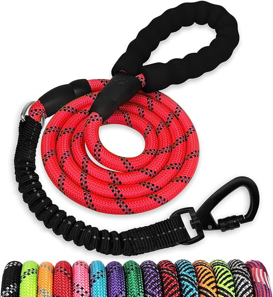 Rope Dog Leash 6 FT: Heavy Duty Leashes with Swivel Lockable Hook Reflective Threads Bungee and Padded Handle - Dog Lead for Large Small Medium Dogs Outside Walking Hiking Red