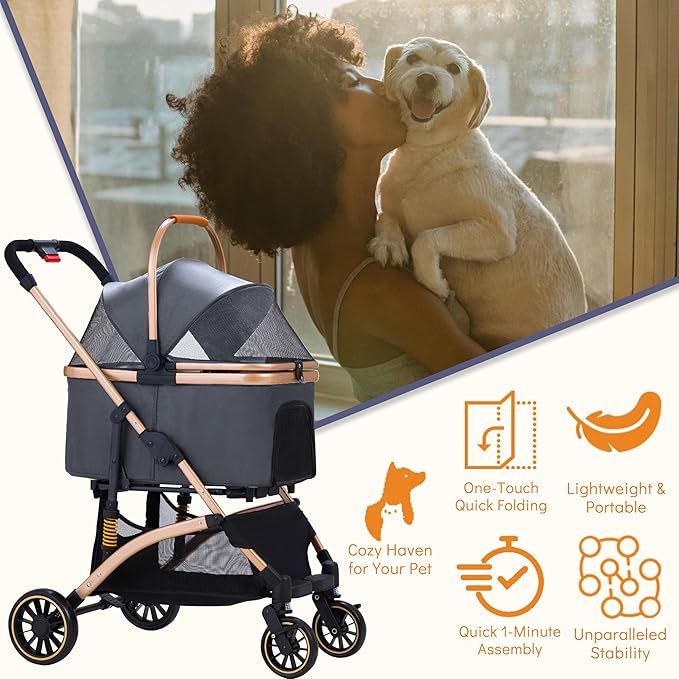 Pet Stroller for Small Dogs, Lightweight Small Dog Stroller for Dogs Cats with 6 Shock Absorption System, Detachable Carrier Suitable for Car Seat & Hand Carry, Safe Outings, Gray