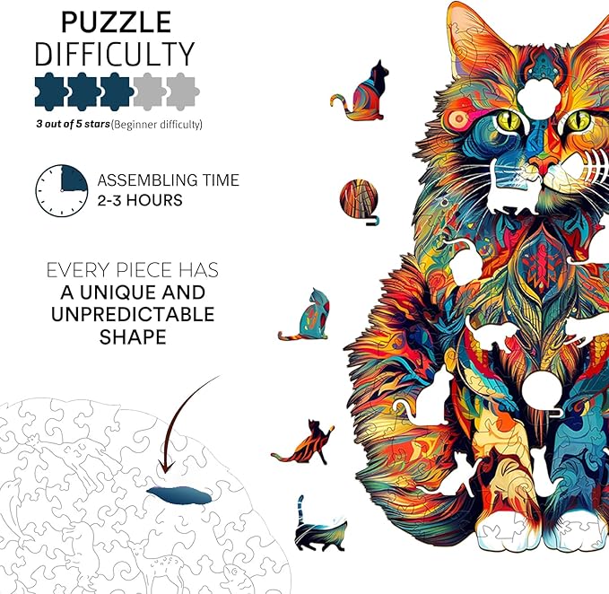 Jigfoxy Wooden Puzzle for Adults, Cat Wooden Jigsaw Puzzles for Adults, Unique Animal Shape Wood Cut Puzzles, Christmas Thanksgiving Gifts for Family Friend(S-8.3 * 6.6in-80pcs)