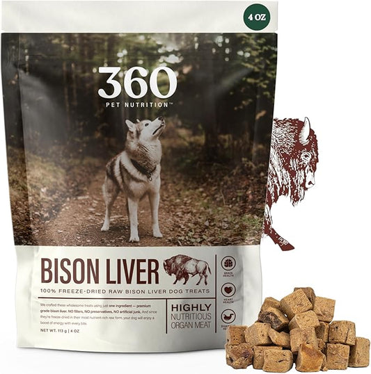 360 Pet Nutrition Freeze-Dried Raw Bison Liver Dog Treats – Single Ingredient, High Protein, Grain-Free, All-Natural Training Snacks, Made in USA, 4 oz