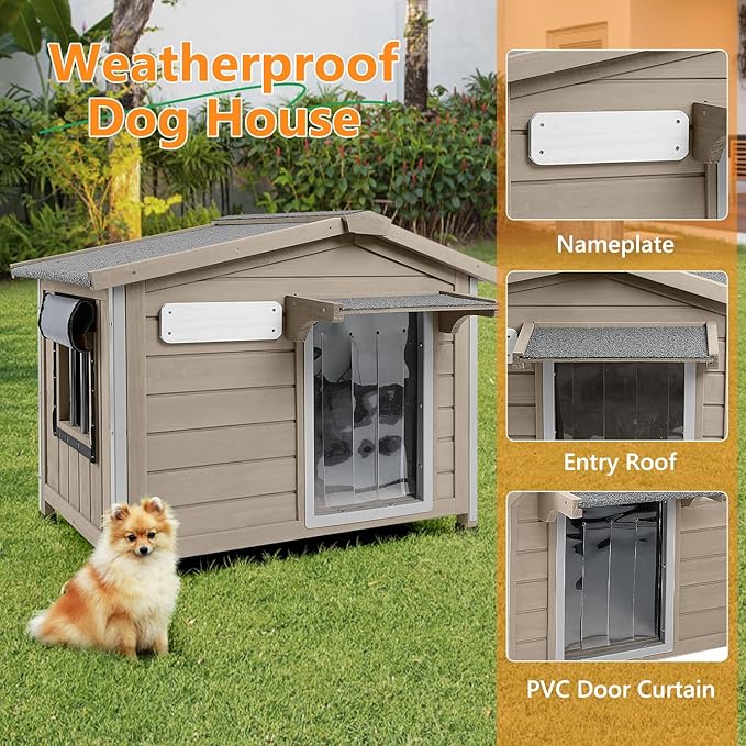 Dog House Indoor Outdoor with Chew-Proof Frame, Weatherproof Dog Kennel Puppy Shelter with Openable Asphalt Roof, Window, Easy to Clean for Small to Medium Dogs (30.1" L*18.3" W*24" H)