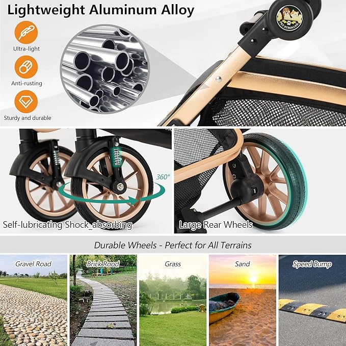 Kenyone Pet Stroller 3 in 1 for Medium Small Size Dogs Luxury Large Cat Stroller Detachable Carrier for Puppy, Kitty, Doggie (C510L Khaki)