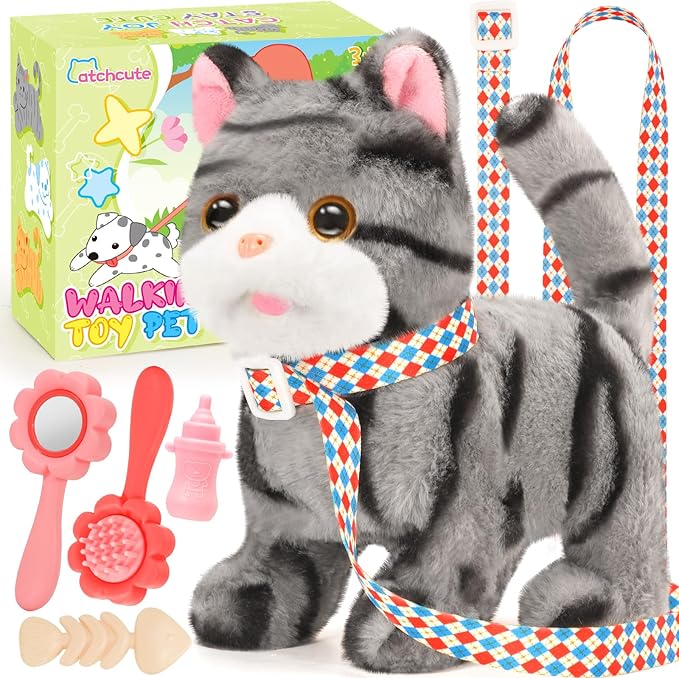 Plush Cat Toys for Kids with Leash, Interactive Plush Kitty Can Walk,Meow, and Wag Tail, Realistic Toys Pet Christmas Birthday Gifts for Boys and Girls