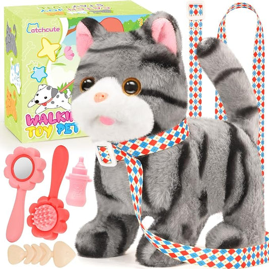 Plush Cat Toys for Kids with Leash, Interactive Plush Kitty Can Walk,Meow, and Wag Tail, Realistic Toys Pet Christmas Birthday Gifts for Boys and Girls