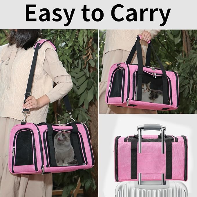 Soft-Sided Cat/Dog/Pet Carrier, Collapsible Pets Travel Carriers for Big Cats/Small Dogs with Shoulder Strap & Removable Mat, Mesh Puppy Carry Bag, Up to 16 Lbs, TSA Airline Approved (Pink)