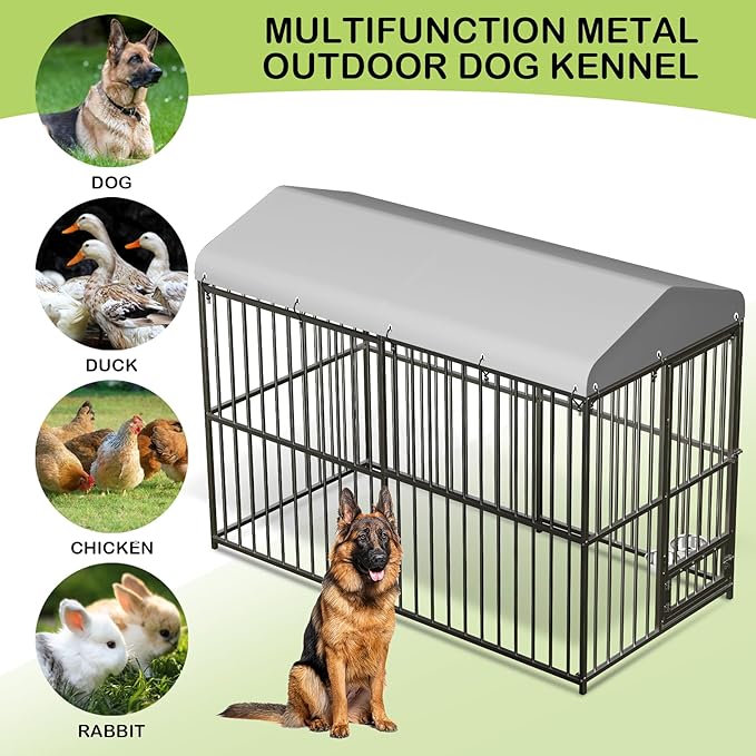 Metal Dog Kennel Outside,8x4x6 FT Heavy-Duty Outdoor Dog Cage with Roof and Lock,Covered Outside Kennel,for Medium and Large Dogs