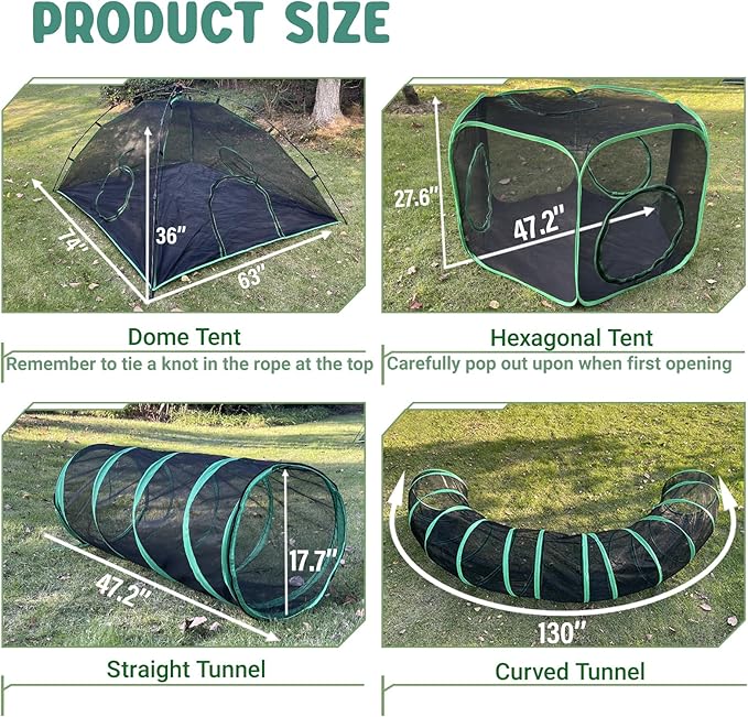 Cat Tents for Outside, Green Outdoor Cat Enclosures, Foldable Pet Playpen with Tunnels for Outside, Portable 4-in-1 Catio Including 2 Tents and 2 Tunnels