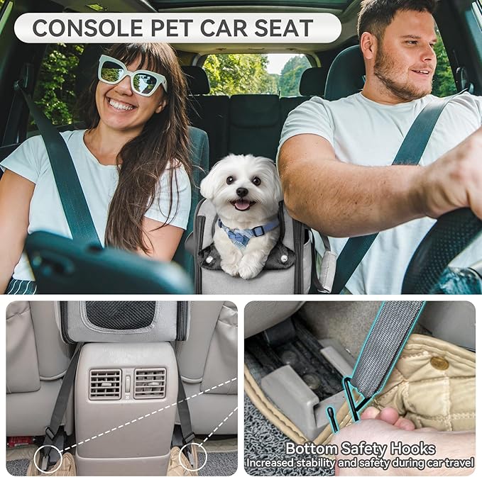 PETSFIT Multipurpose Console Dog Car Seat, Portable Small Dog Car Seat for Dogs, Cat Carrier, Pet Carrier Airline Approved with Safety Tether and Pockets (Light Grey)