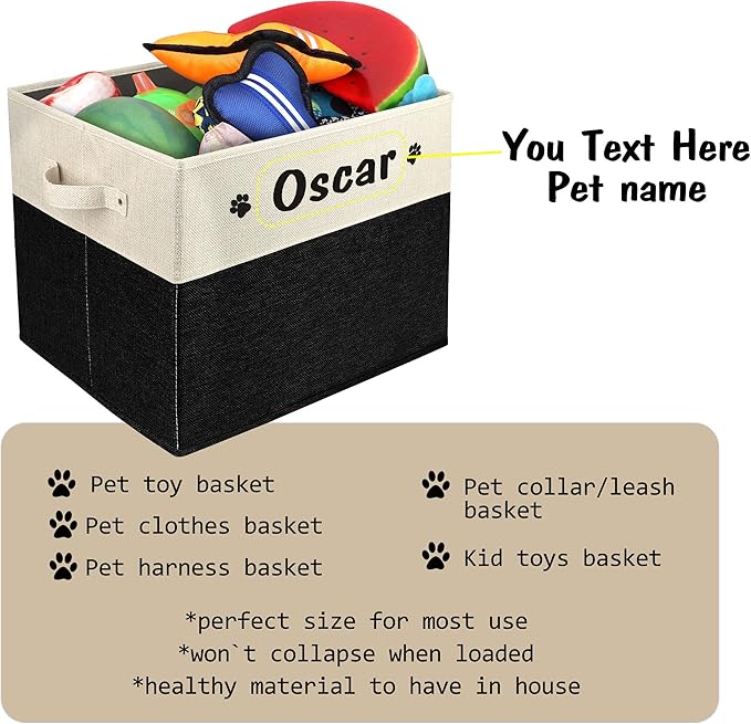PET ARTIST Large Dog Toy Basket, Custom Toy Bin Box Personalized with Pet's Name, Collapsible Pet Storage Baksets With Handle for Toys,Blankets,Accessories- Black