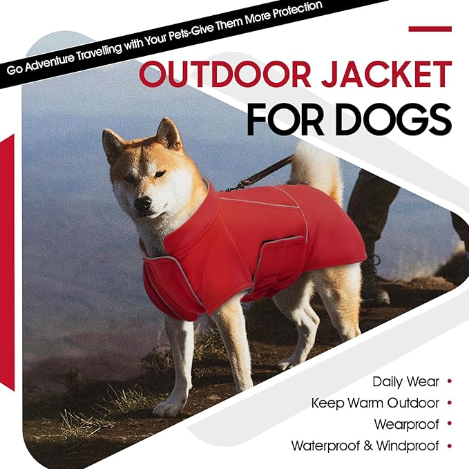 ROZKITCH Dog Jackets for Large Dogs, Coat with Harness Opening with Fleece Lining Reflective Strip for Extra Large Pet, Waterproof Adjustable Poncho Vest for Outdoor Hiking Travel Red 3XL