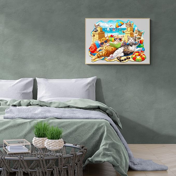 KAAYEE Wooden Puzzles for Adults, Beach Cat 270 Piece Unique Animal Shape Puzzle, Cat Wood Puzzle for Adults, Creative Gifts for Friends/Family, Home Decor(13.4 * 9.8in)