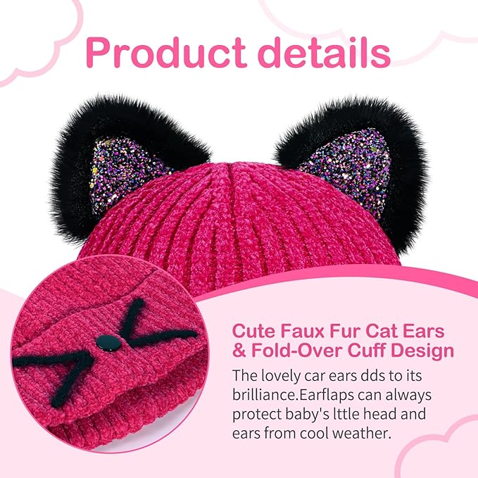 Kids Girls Cat Ear Hat Winter Warm Knit Beanie Cute Ski Skull Cap for Ages 7-12