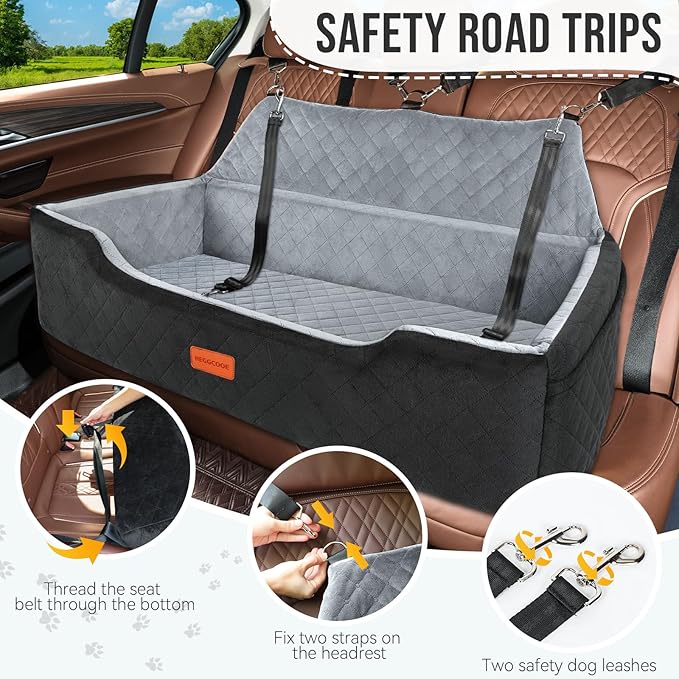 Large Dog Car Seat Under 100 lbs, Washable Dog Car Bed for 2 Medium Dogs, Detachable Pet Booster Seat with Storage Pocket and Seat Belt for Back Seat Dog Travel Bed