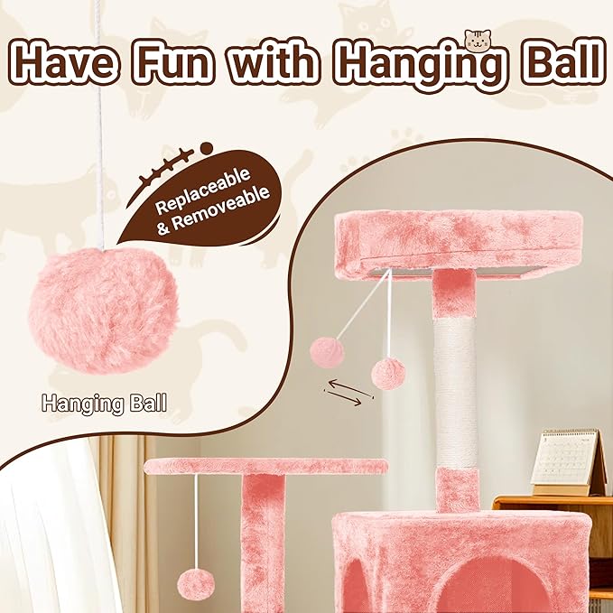 Cat Tree, 54-Inch Cat Tower for Indoor Cats,Plush Multi-Level Cat Condo with Scratching Posts, Basket, Perches,2 Caves,2 Pompoms(Pink)