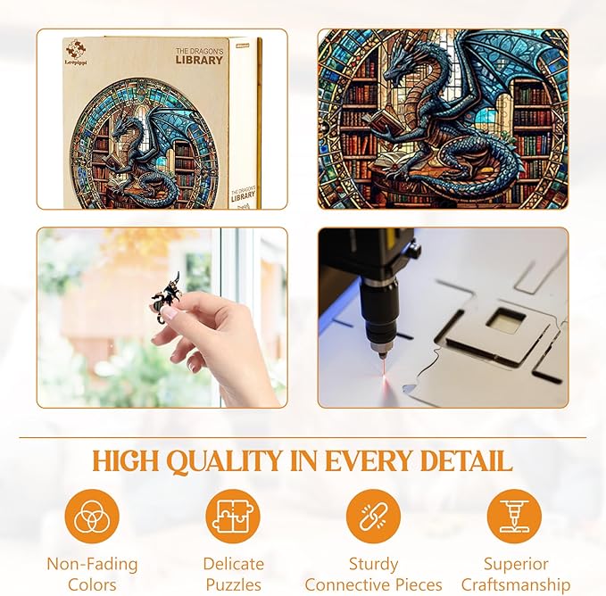 Wooden Puzzles for Adults, Wooden Jigsaw Puzzles for Adults, Wood Puzzles Adult-The Dragon's Library Unique Shaped Dragon Puzzle, Birthday Gifts for Friends Family Game (11.4 * 11.4in 200pcs)
