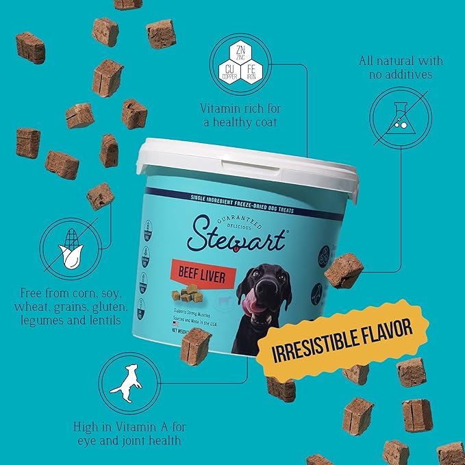 Stewart Beef Liver Dog Treats, 2 oz, ~45 Pieces, Freeze Dried Raw, Single Ingredient, 50% Protein Training Treats or Meal Topper in a Resealable Tub, Grain Free, Gluten Free