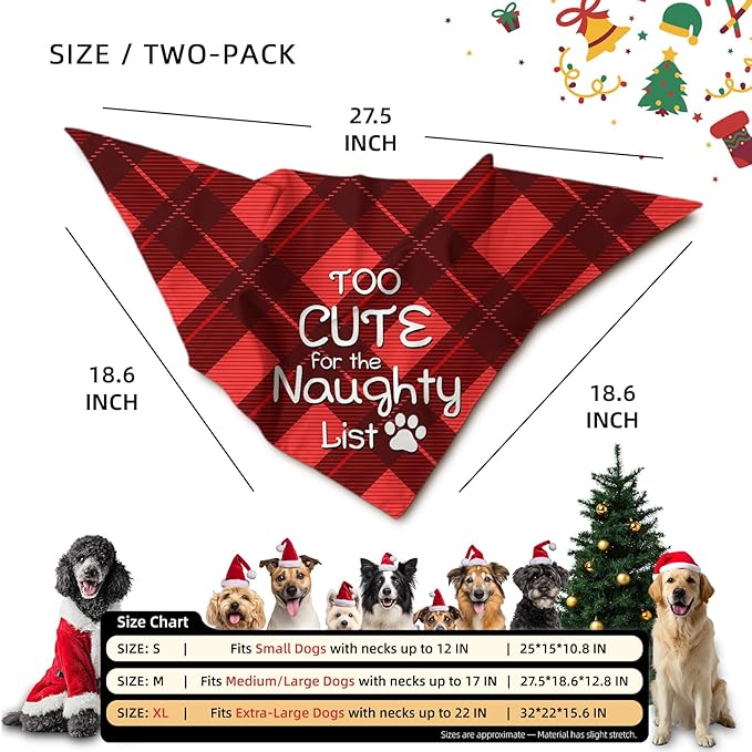 Christmas Dog Bandanas Funny, Dog Christmas Scarf 2 Packs, Pets Festive Plaid Décor for Extra Large Dogs