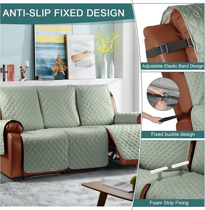 Ruaozz Waterproof Recliner Sofa Cover 1-Piece Couch Covers for Reclining Couches Reclining Sofa Cover Washable Furniture Protector with Elastic Straps Pocket for Kids, Pets (Sage Green, 3 Seater)