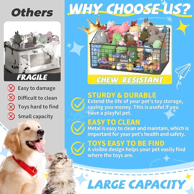 Indestructible Dog Toy basket, Large Toy Bin for Dogs,Pet Toy Bin Dog Metal Basket Organizer Storage for Toys Food Storage (Black)