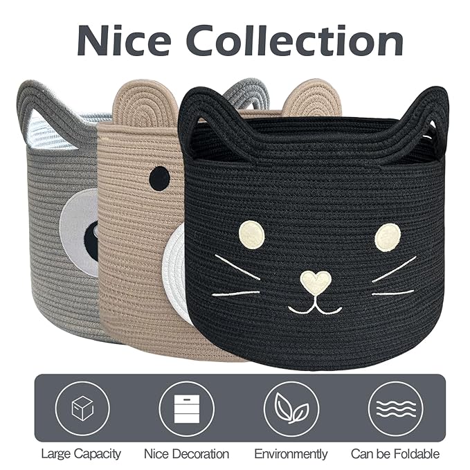 VK VK·LIVING Large Cat Toy Basket with Handles 15" Lx14 H Cotton Rope Toy Box with Black Cat Design, Gift Basket for Laundry, Baby, Towels, Blankets, Woven Cotton Rope Animal Storage Organizer