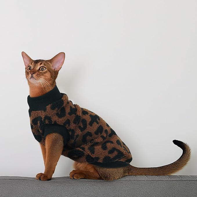 PUMYPOREITY Winter Warm Cat Sweater with Stretch Ribbed Collar & Cuffs, Snug & Secure Fit with Soft Plush Fleece, Easy-On Cat Sweatshirt for Indoor/Outdoor Use,Brown, M