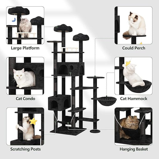 85inch Giant Cat Tree for Heavy Duty Big Cats, Multi-Level Luxury Cat Tower with Scratching Post, Cat Condo with Hammocks & Plush Perches for Indoor Cats Large Adult, Black