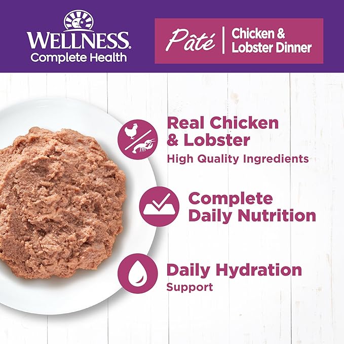Wellness Complete Health Pate Adult Wet Cat Food, Natural, Protein-Rich, Grain Free, 12.5 Ounce, 12 Pack, (Chicken & Lobster)
