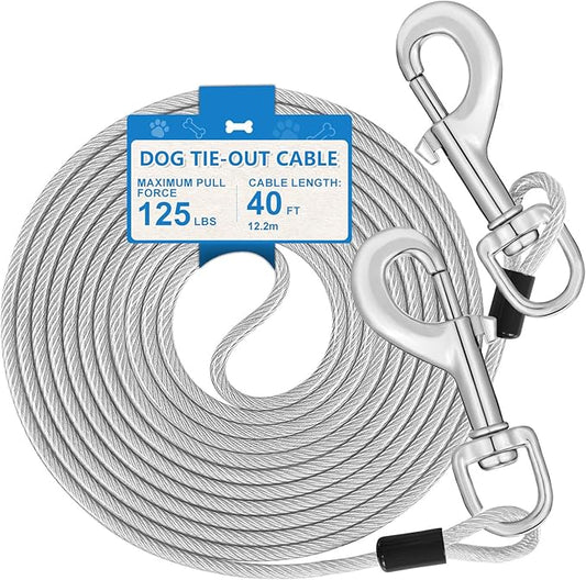 40, Dog Tie Out Cable, Dog Leash Heavy Duty Tie Out Cable for Large Dogs Up to 125lbs Pull Force, Dogs Runner for Yard Outdoor and Camping, Heavy, Silver