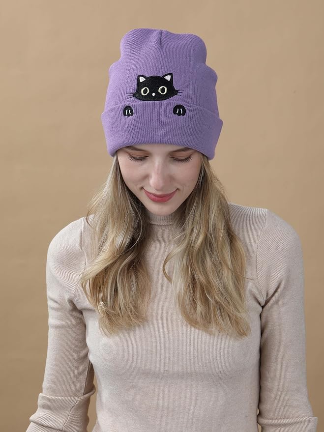 Cat Hat Beanie for Lovers - Cute Women's Embroidery Themed Gifts for Mom - Funny Novelty Trendy Stuff
