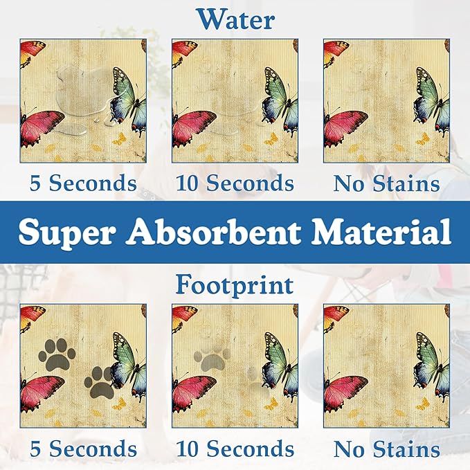 Vintage Butterfly Floral Pet Food Mat for Cats and Dogs–Absorbent Quick Dry Feeding Placemat, Non Slip Rubber Base, Waterproof Bowl Mat for Indoor Use, Pet Supplies 12"x20"