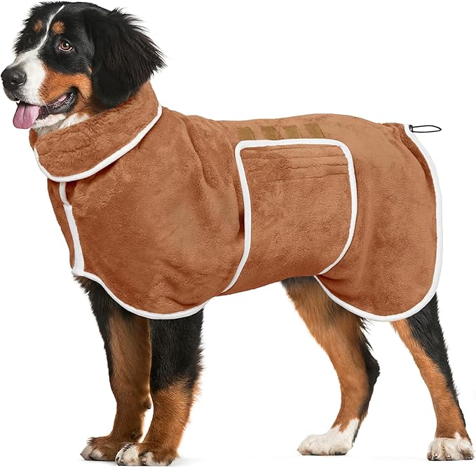 Dog Bathrobe Towel Dog Drying Coat - Super Absorbent Towels Bath Robe for Dogs Large, Soft Adjustable Collar & Belly Strap Fast Drying Coat Pet Cat Bath Robe (Brown, 3X-Large)