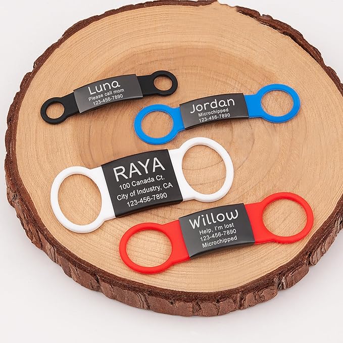 Anavia Slide On Silent Pet ID Tags, S/M/L/XL Personalized Black Stainless Steel Colored Silicone Cat Dog Name Tag, Customized Engraved Nameplate, Quiet Chew-Proof Pet Collar Tag (Black, Large)